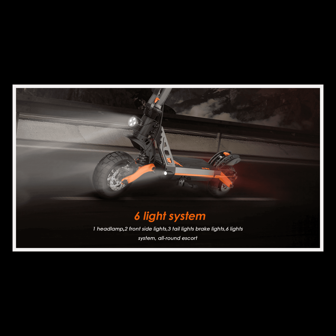 KUKIRIN G2 Pro electric scooter featuring a 6 light system with headlamp, front side lights, tail lights, and brake lights.
