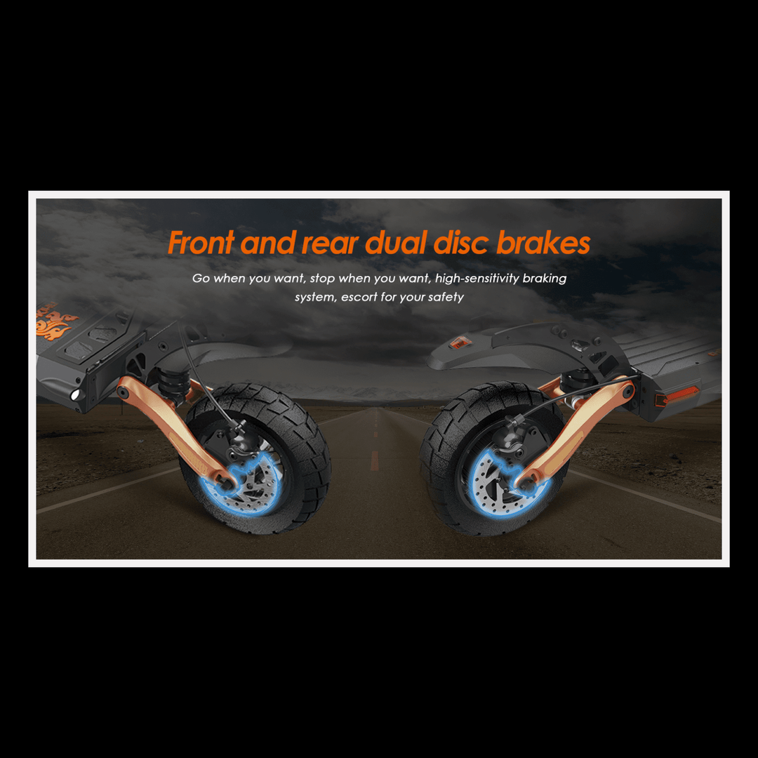 KUKIRIN G2 Pro electric scooter showing front and rear dual disc brakes for enhanced safety and control.