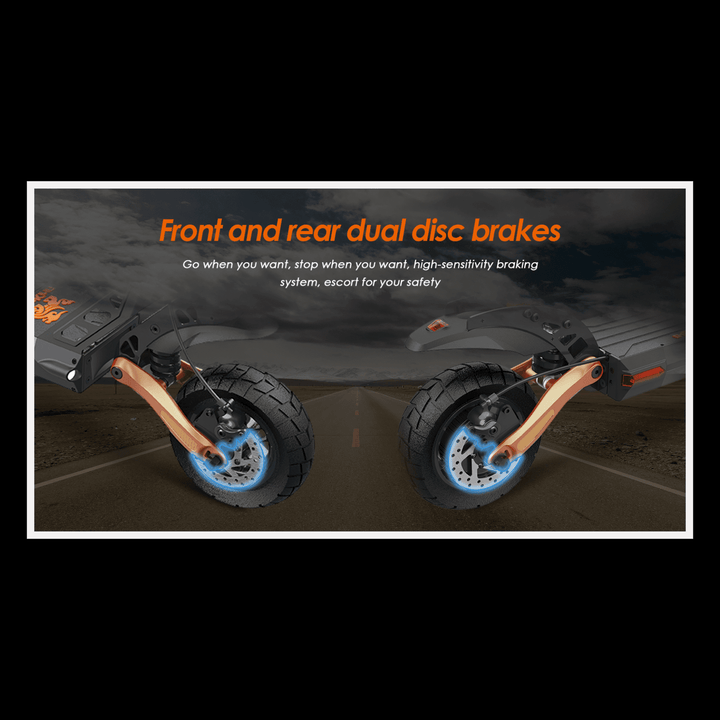 KUKIRIN G2 Pro electric scooter showing front and rear dual disc brakes for enhanced safety and control.