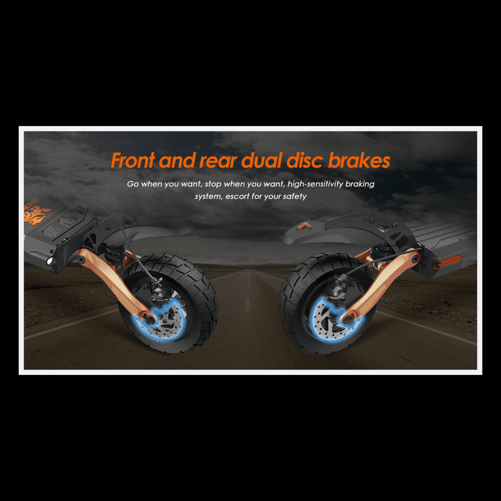 KUKIRIN G2 Pro electric scooter showing front and rear dual disc brakes for enhanced safety and control.