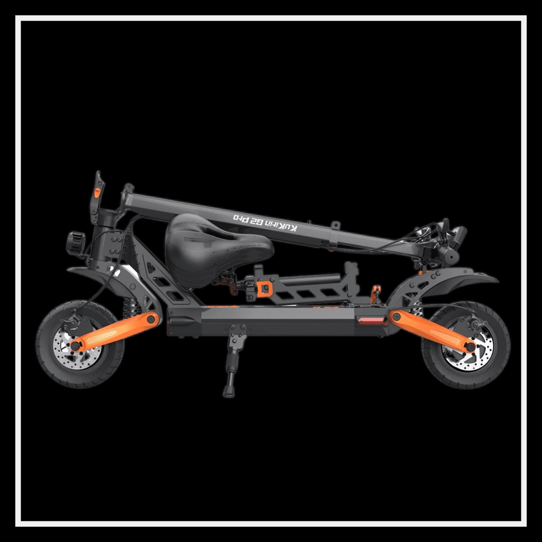 KUKIRIN G2 Pro electric scooter with a foldable design and orange accents on a black background.