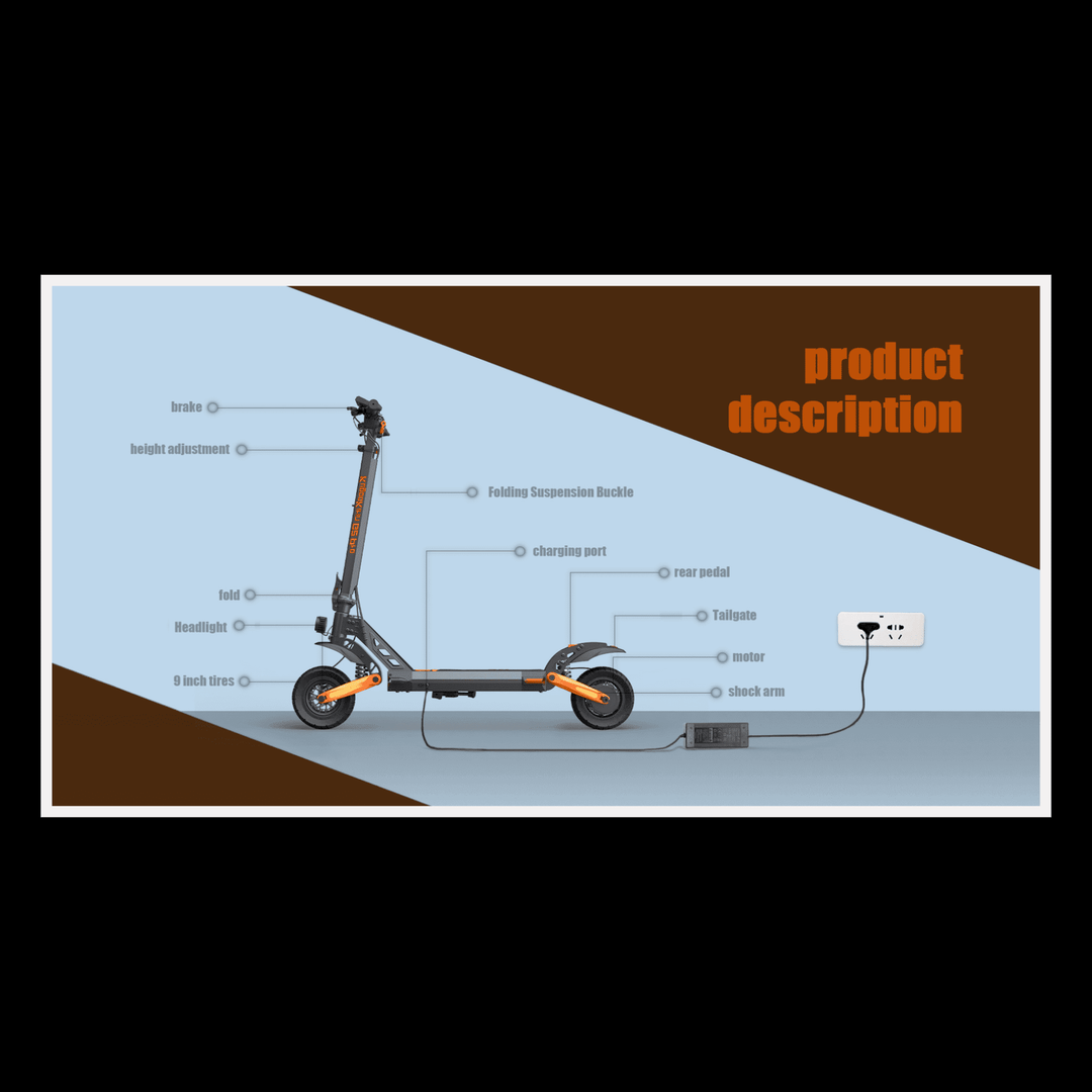 KUKIRIN G2 Pro electric scooter with labeled features including brake, charger, and height adjustment.
