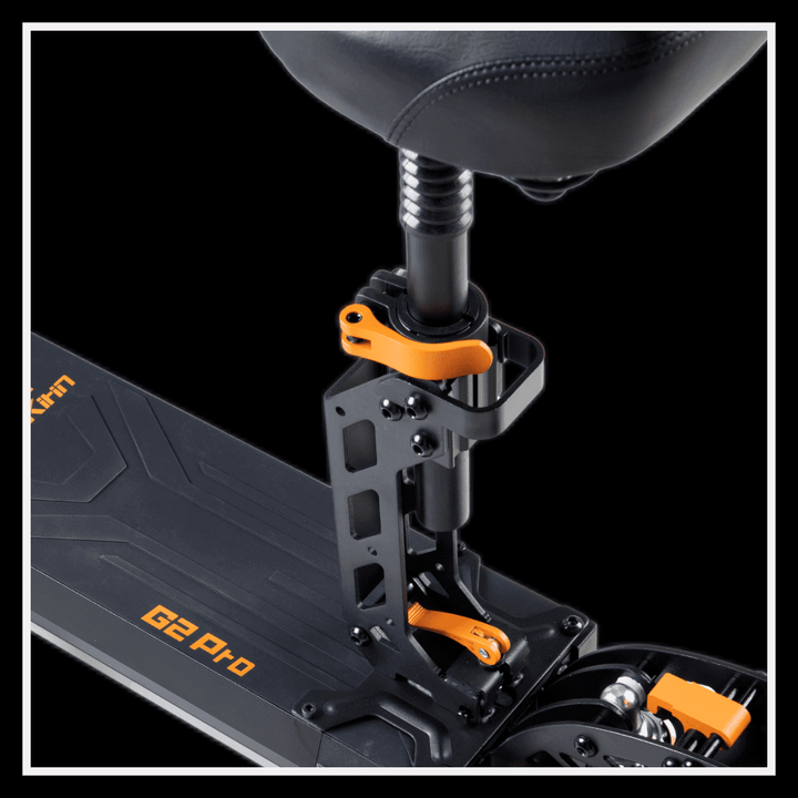 Close-up of the KUKIRIN G2 Pro electric scooter seat attachment and frame details.