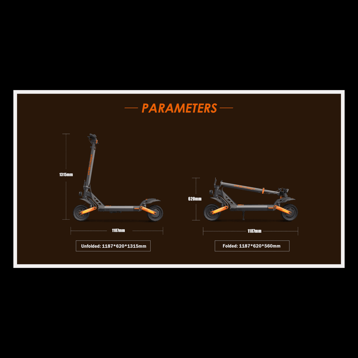 KUKIRIN G2 Pro electric scooter parameters showing dimensions unfolded and folded.