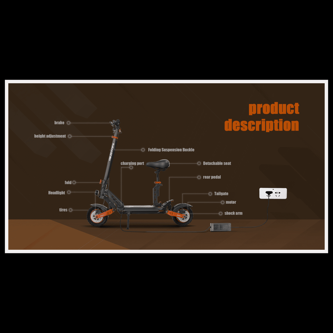 KUKIRIN G2 MAX electric scooter product description with labeled features like brake, charging port, and folding suspension.