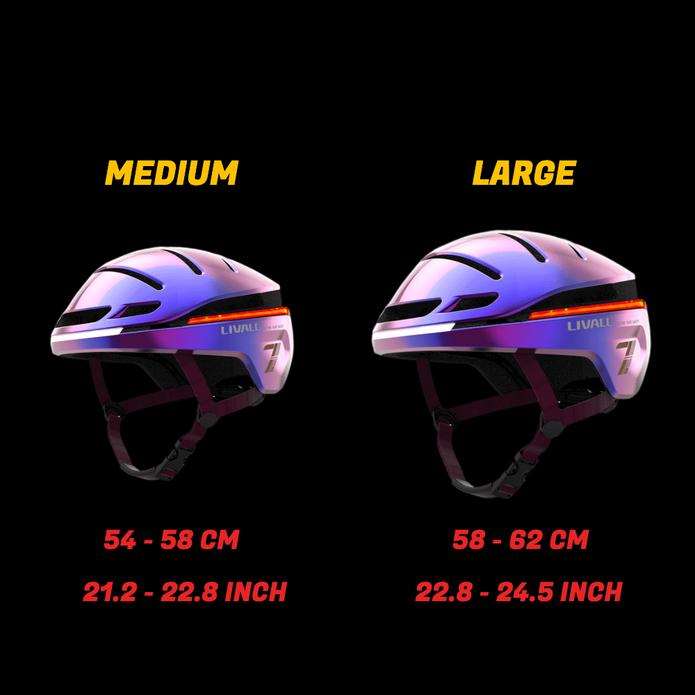 Smart bike helmet EVO21 size chart showing medium and large options with measurement details.