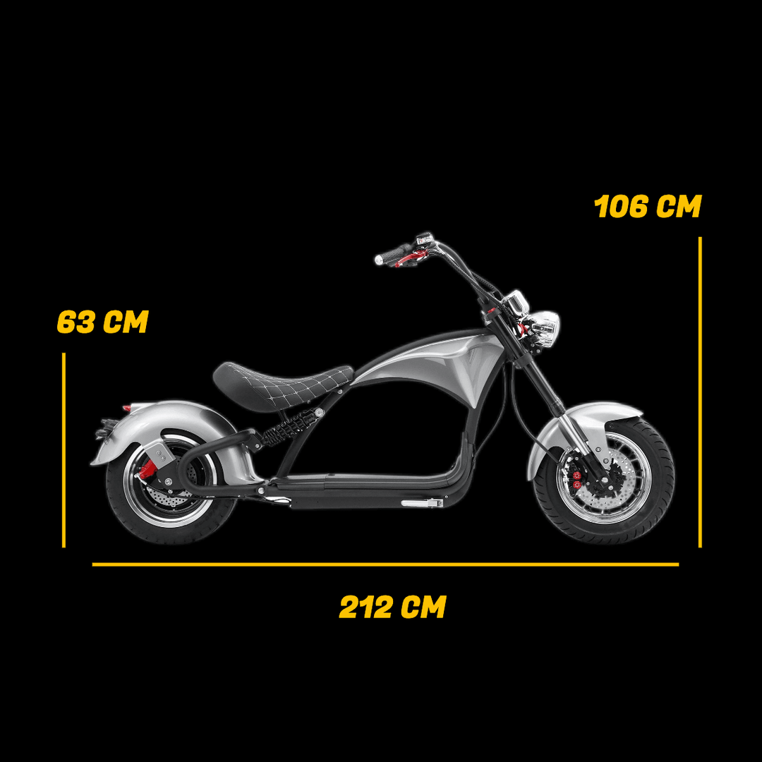 M1P electric chopper motorcycle dimensions showing length, height, and width in centimeters.