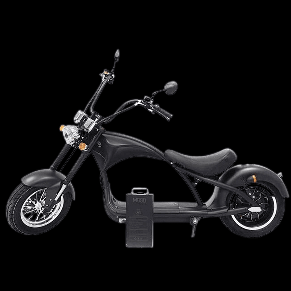 M1P electric chopper motorcycle showcased in sleek black design with front headlight and stylish wheels.