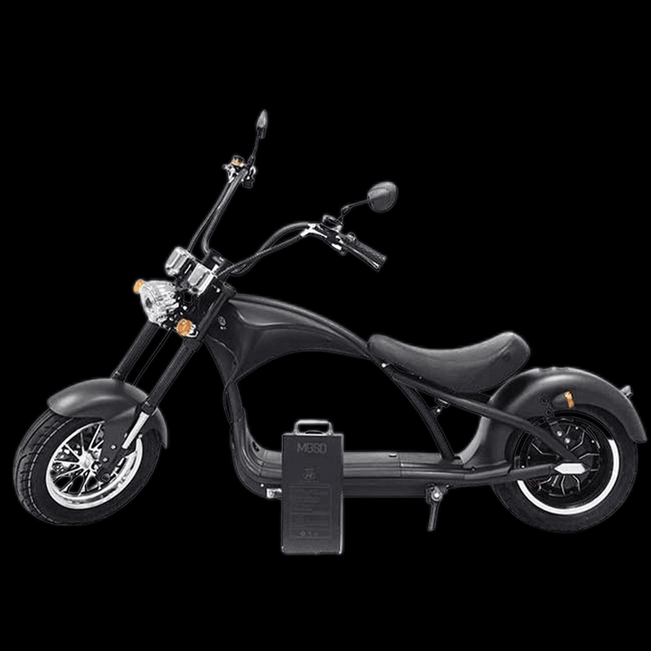 M1P electric chopper motorcycle showcased in sleek black design with front headlight and stylish wheels.