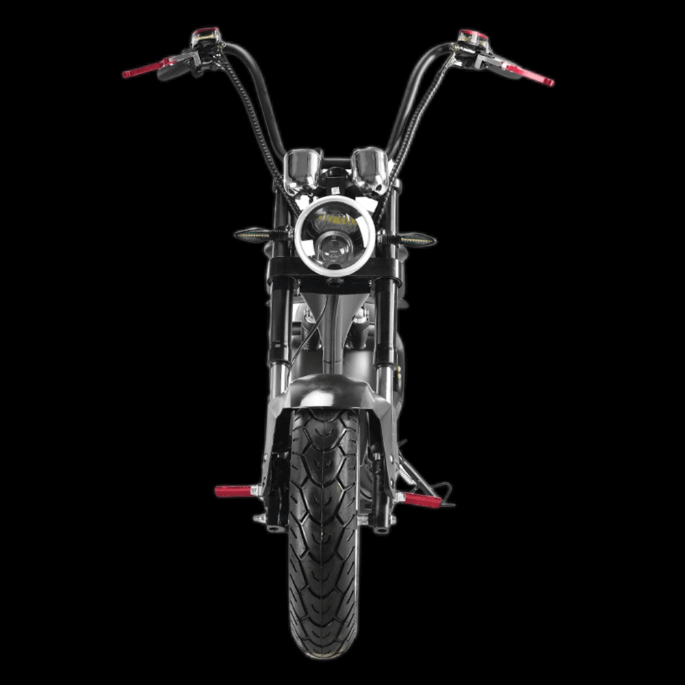 Front view of M1P electric chopper motorcycle showcasing its design and features.