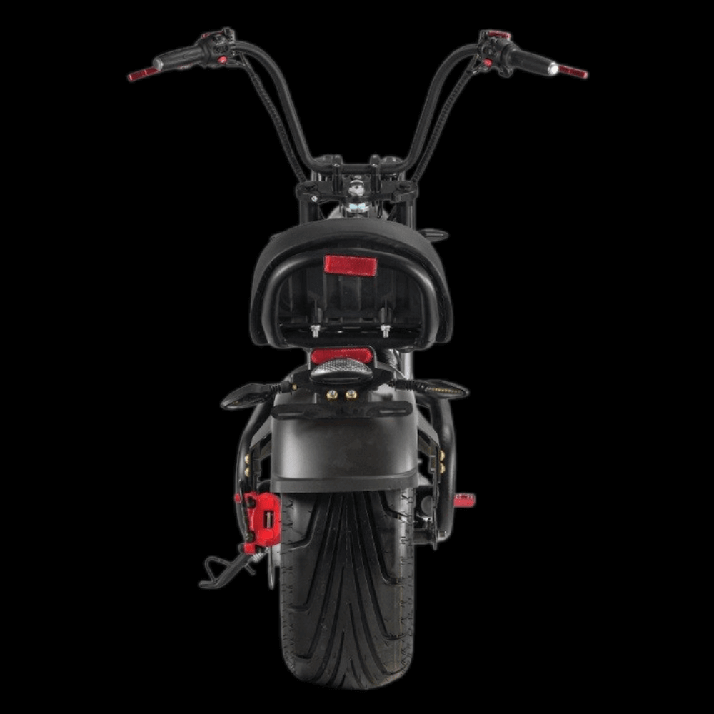 M1P electric chopper motorcycle rear view showcasing handlebars and rear tire design.