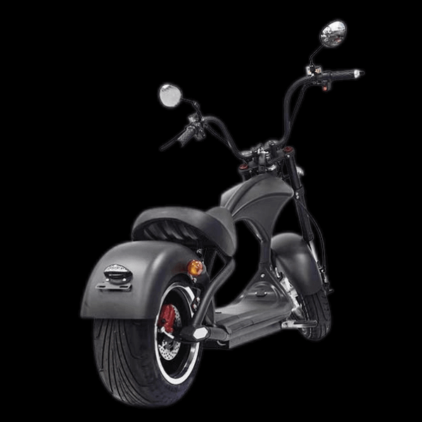M1P electric chopper motorcycle showcasing a sleek black design and Harley-style features.