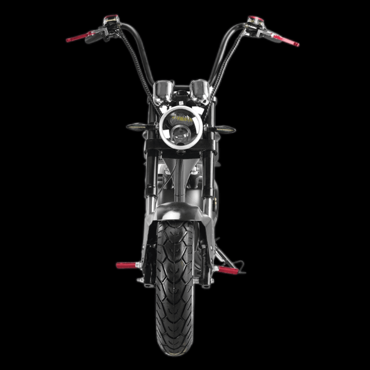 Front view of M1P electric chopper motorcycle showcasing its design and features.