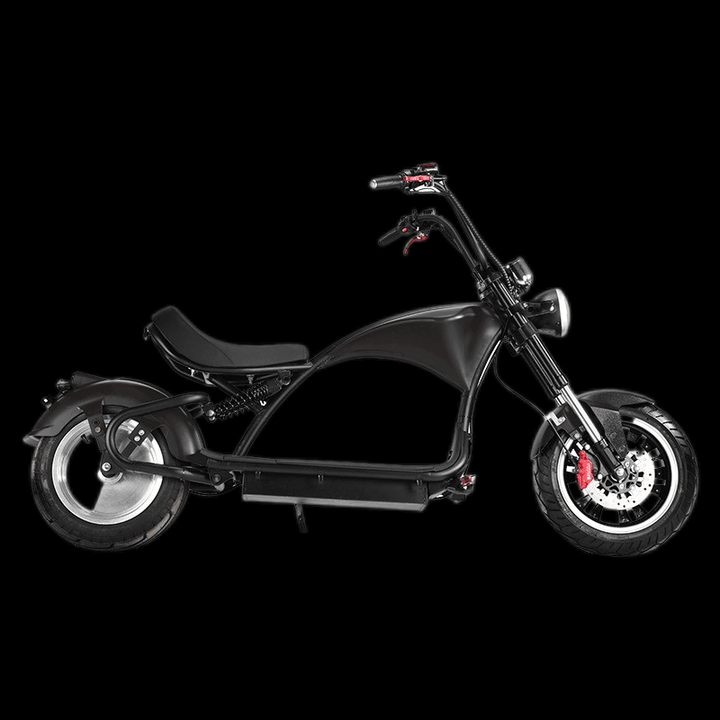 M1P electric chopper motorcycle showcasing a sleek black design and stylish Harley-style features.