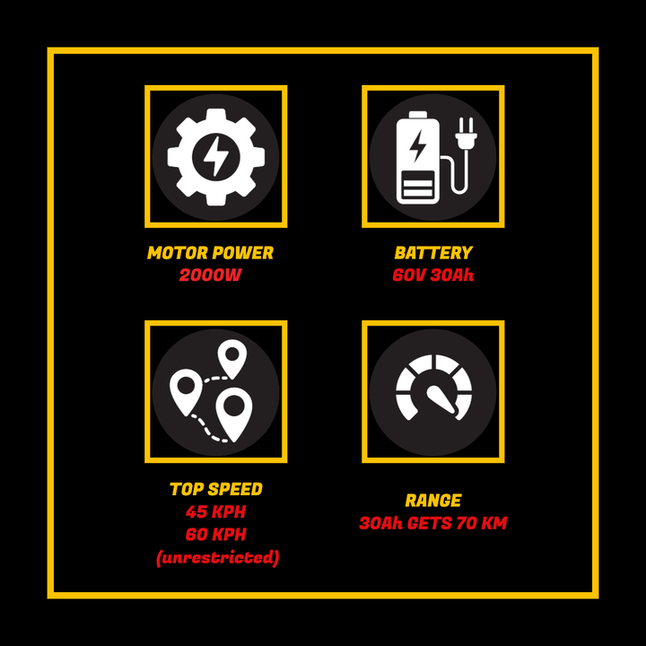 M1P electric chopper motorcycle features motor power 2000W, 60V 30Ah battery, top speeds of 45-60 KPH, and a range of 70 KM.