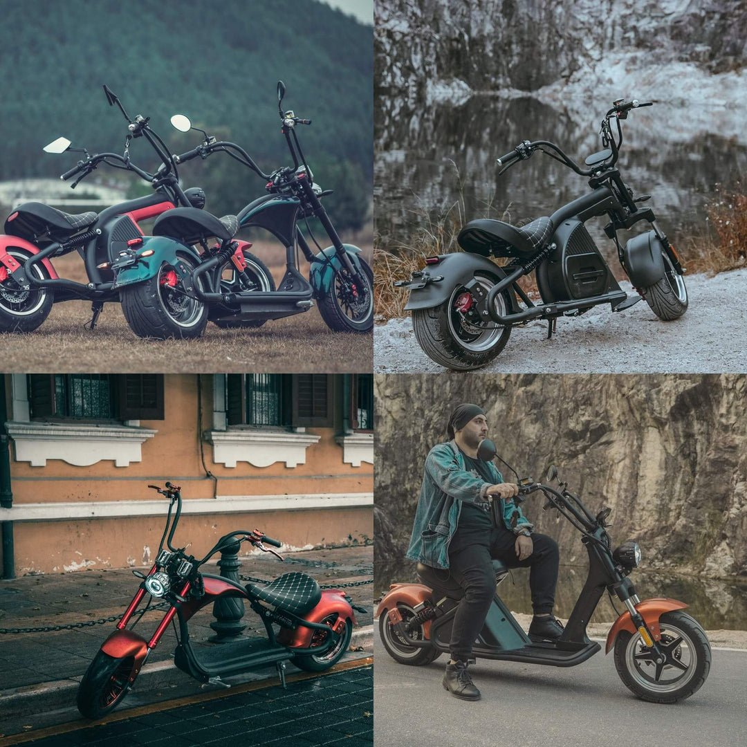 M1P electric chopper motorcycle in various settings showcasing stylish designs and performance features.