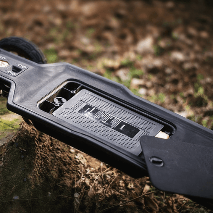 Maxfind FF AT electric skateboard showing the powerful battery compartment designed for all-terrain performance.