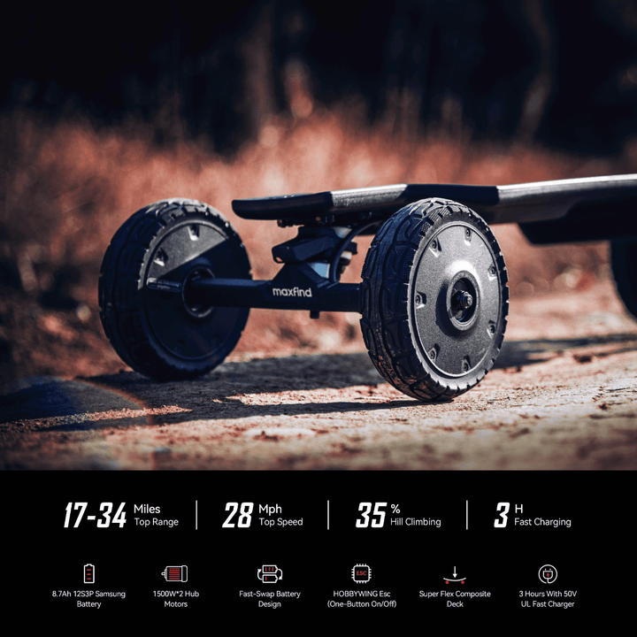 Maxfind FF AT electric skateboard showcasing all-terrain wheels and key specifications like speed and range.