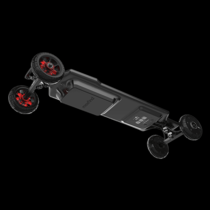 Maxfind FF AT electric skateboard showcasing its all-terrain dual-motor design with red wheels.