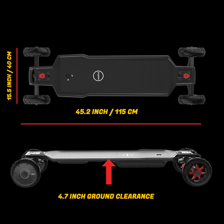 Maxfind FF AT electric skateboard specifications, including dimensions and ground clearance.