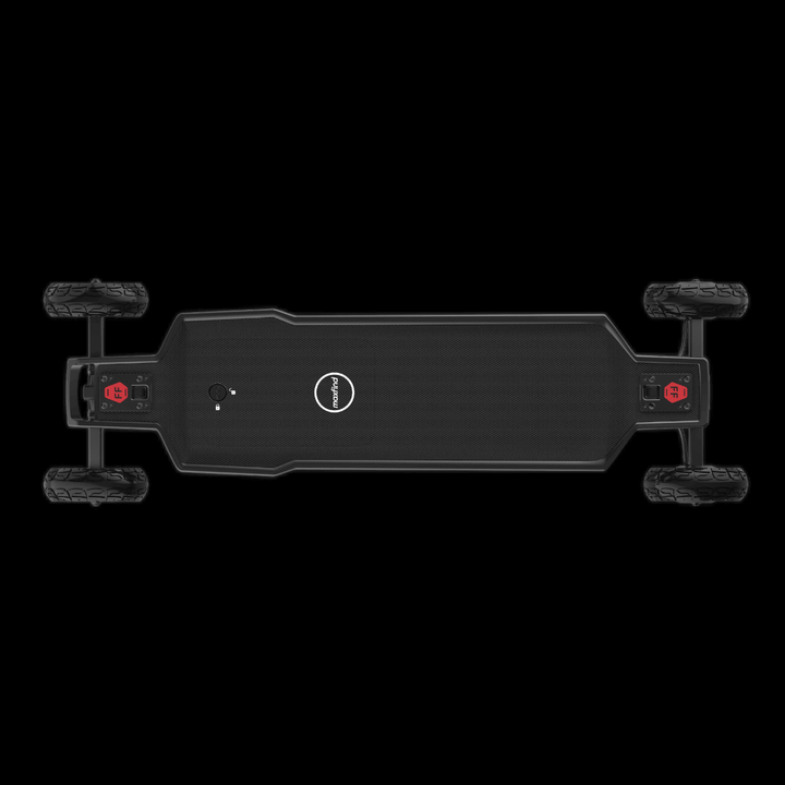 Top view of Maxfind FF AT electric skateboard showcasing its robust off-road design and dual motors.