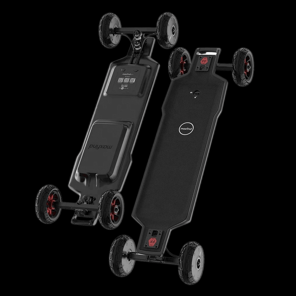 Maxfind FF AT electric skateboard showcased from multiple angles, highlighting its sleek design and all-terrain capabilities.