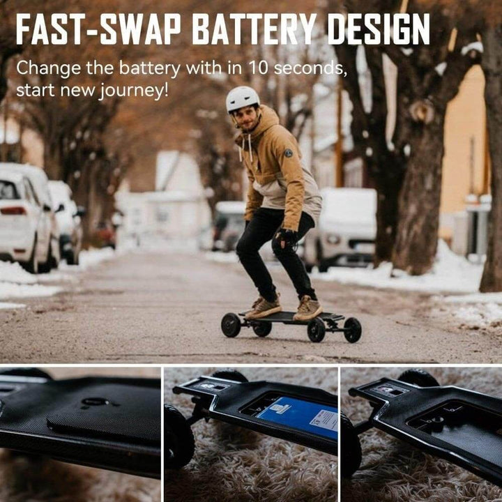 Maxfind FF AT electric skateboard with fast-swap battery design, off-road rider in winter setting, quick battery change feature.
