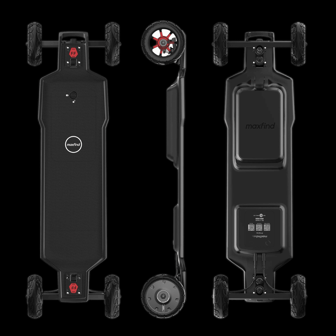 Maxfind FF AT electric skateboard showcasing top, side, and bottom views with all-terrain wheels.