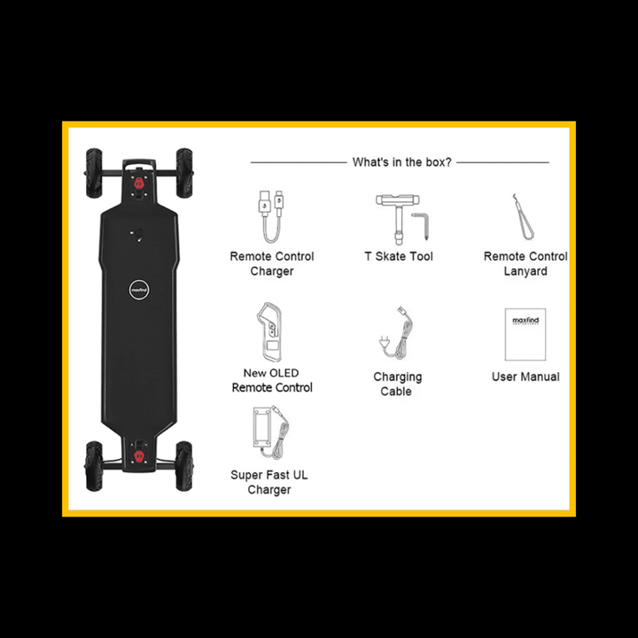 Maxfind FF AT electric skateboard contents including remote control, charger, skate tool, and user manual.