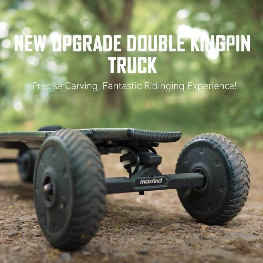Maxfind FF AT electric skateboard showcasing the new upgrade double kingpin truck for precise carving and riding experience.