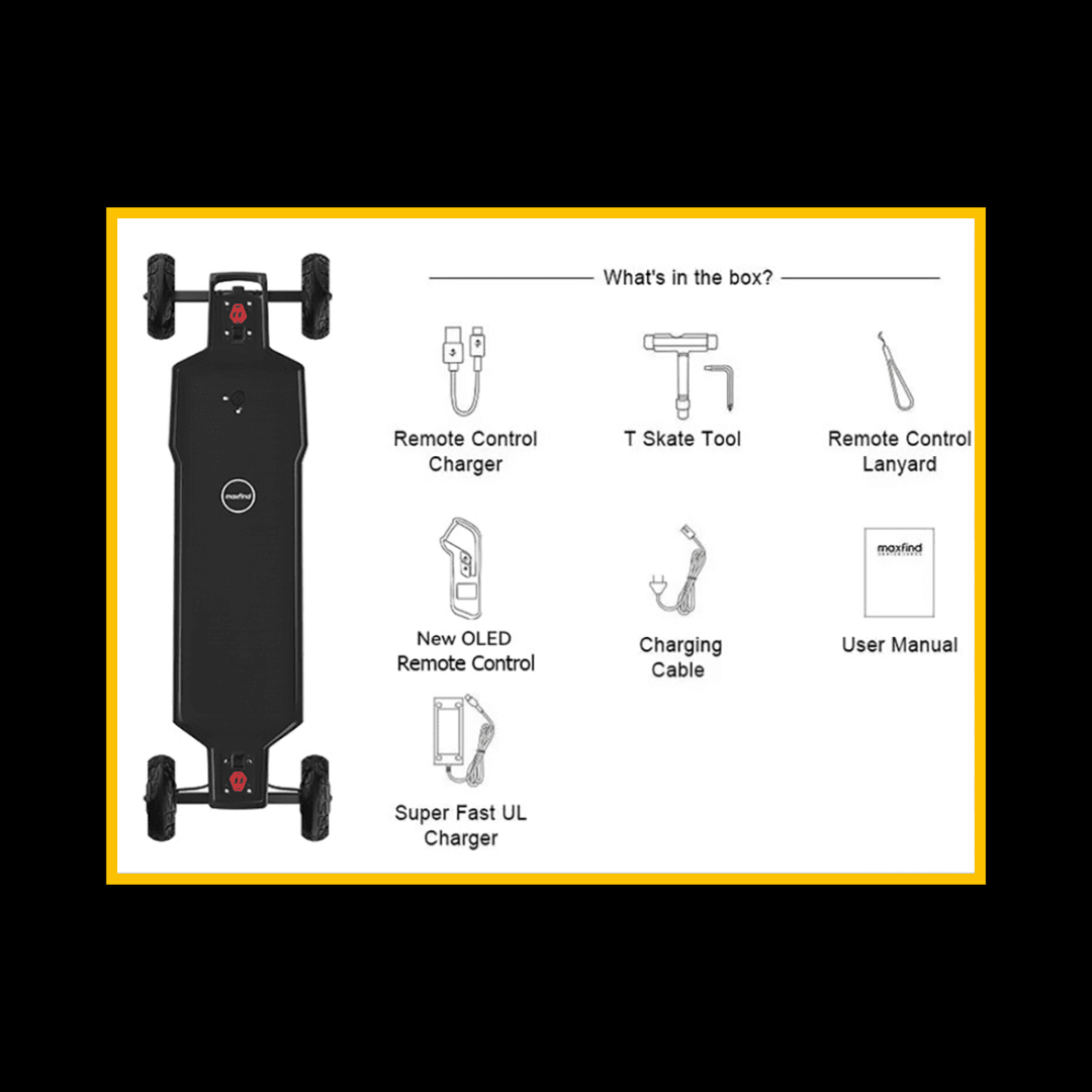 Maxfind FF AT electric skateboard contents including remote control, charger, skate tool, and user manual.