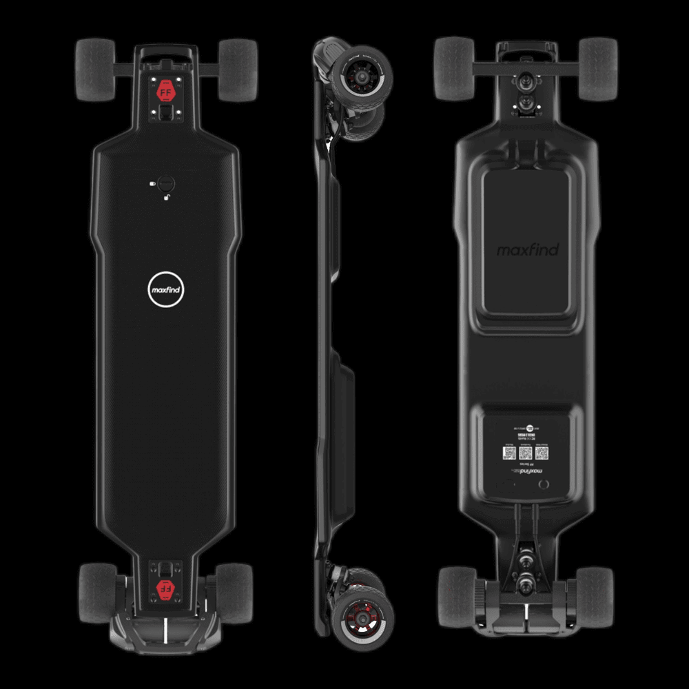 MAXFIND FF BELT belt-driven electric skateboard - sleek black design showcasing top, side, and underside views.