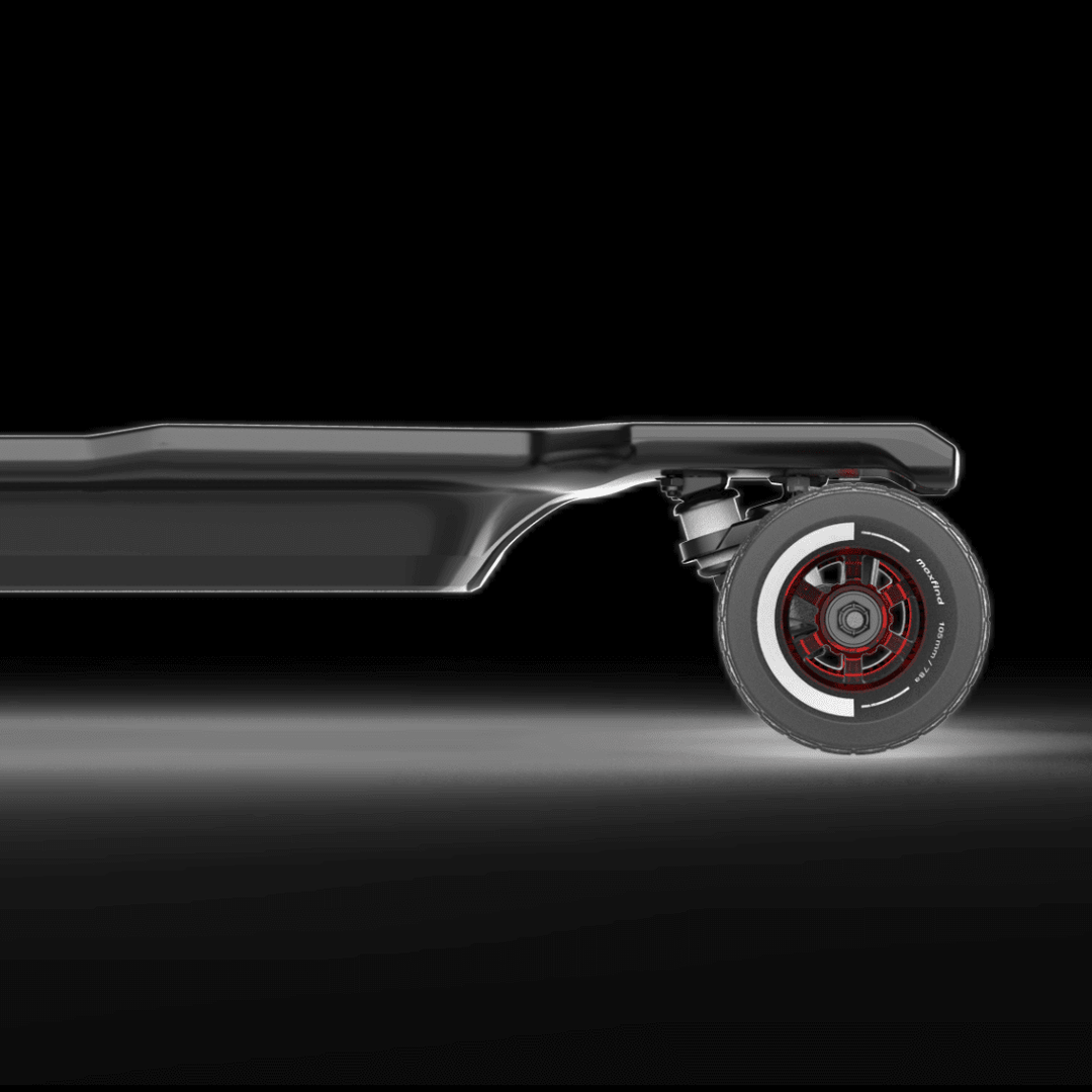 Side view of MAXFIND FF BELT belt-driven electric skateboard showcasing its wheel design and sleek profile.