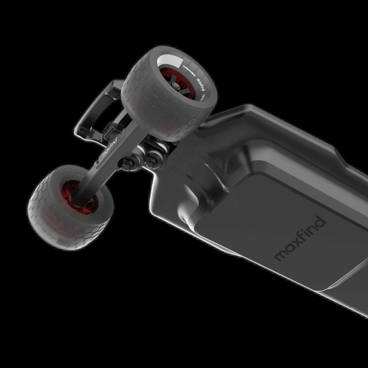 MAXFIND FF BELT belt-driven electric skateboard with black deck and red wheels from a unique angle.