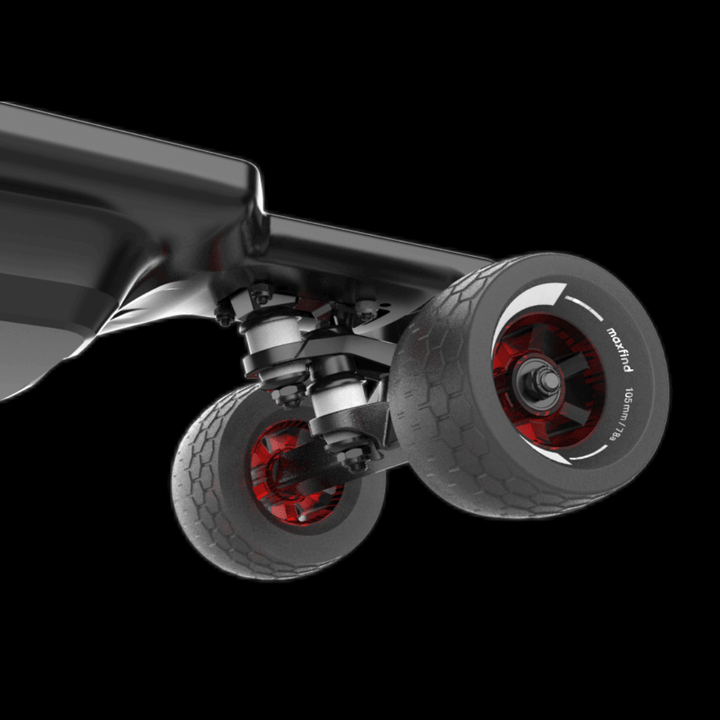 Close-up of the wheels and trucks of the MAXFIND FF BELT belt-driven electric skateboard showcasing performance design.