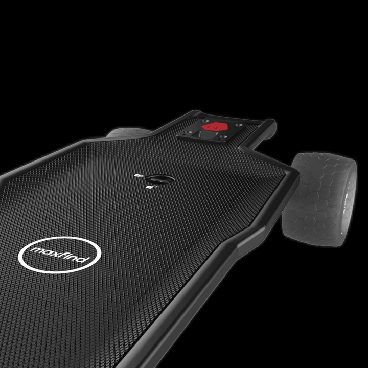 MAXFIND FF BELT belt-driven electric skateboard showing a sleek design and red power button.