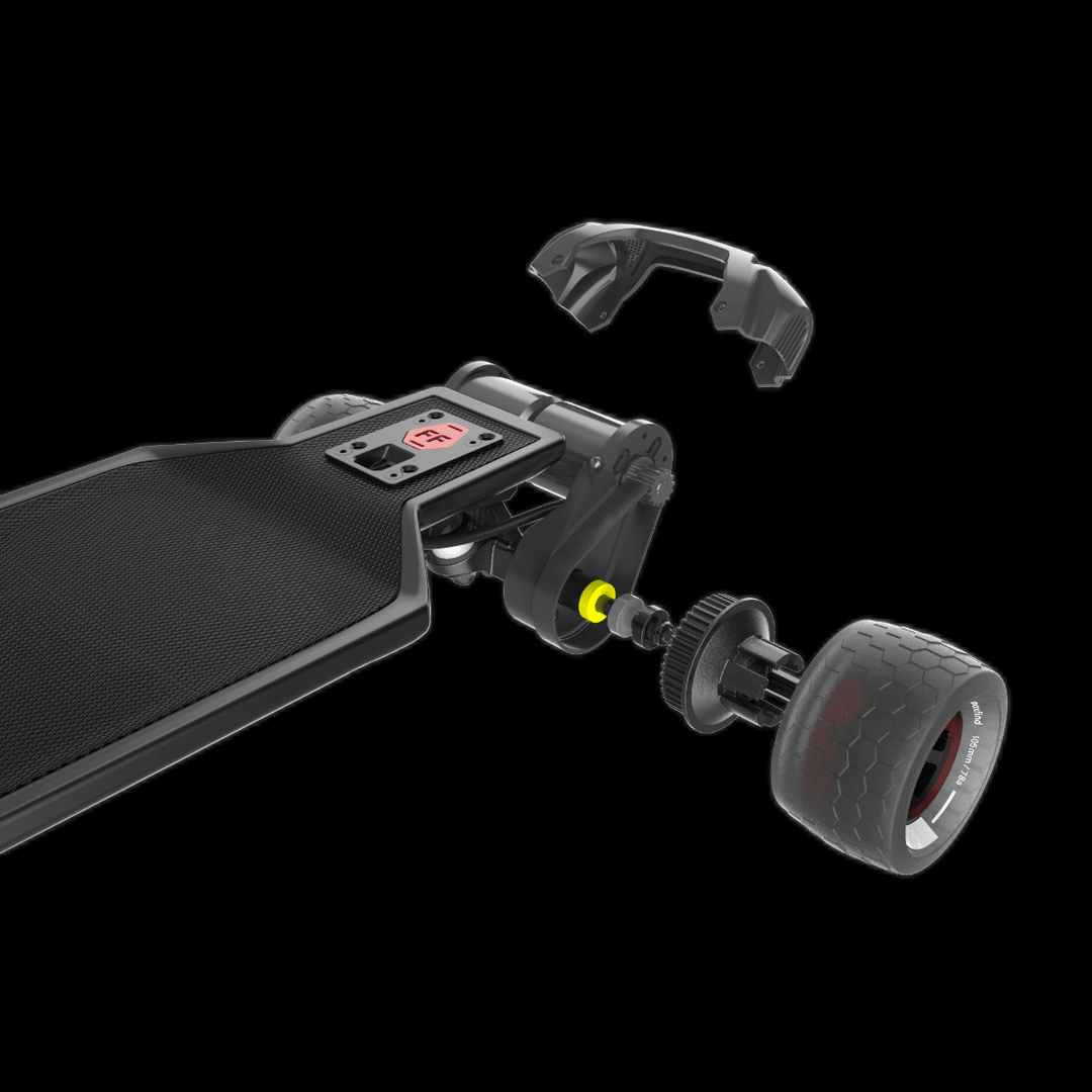 MAXFIND FF BELT belt-driven electric skateboard parts and assembly showing wheels and components