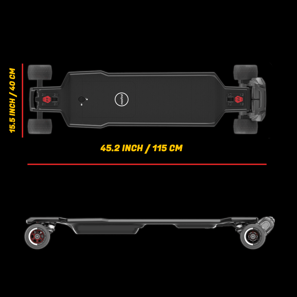 MAXFIND FF BELT belt-driven electric skateboard top and side view dimensions 45.2 inch / 115 cm and 15.5 inch / 40 cm