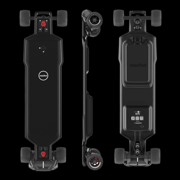 MAXFIND FF BELT belt-driven electric skateboard - sleek black design showcasing top, side, and underside views.