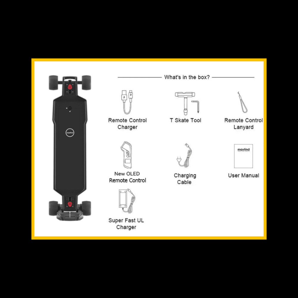 What's in the box for MAXFIND FF BELT belt-driven electric skateboard: Remote control charger, tool, lanyard, remote, cables, manual.