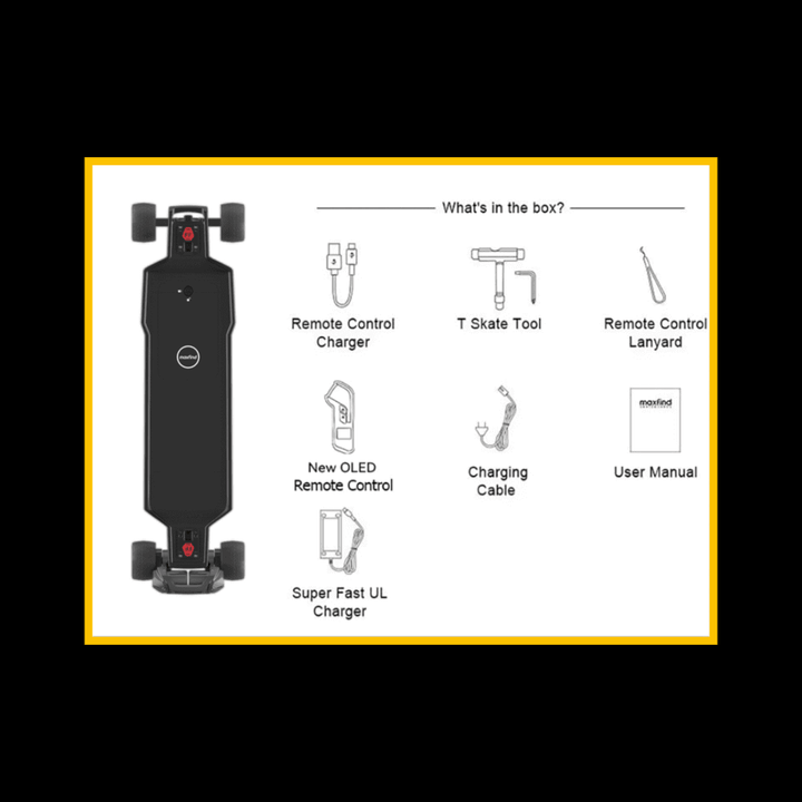 What's in the box for MAXFIND FF BELT belt-driven electric skateboard: Remote control charger, tool, lanyard, remote, cables, manual.