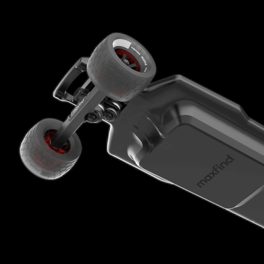 MAXFIND FF BELT belt-driven electric skateboard with black deck and red wheels from a unique angle.