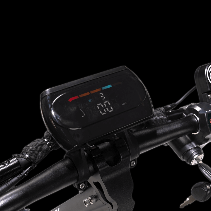 Digital display on the handlebars of the Nanrobot D6+ electric scooter showing speed and battery status.