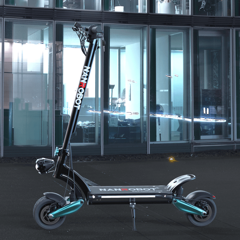 Nanrobot D6+ electric scooter parked in front of a modern building, showcasing its sleek design and features.
