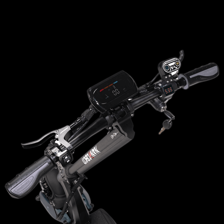 Nanrobot D6+ electric scooter handlebars showing digital display and controls.