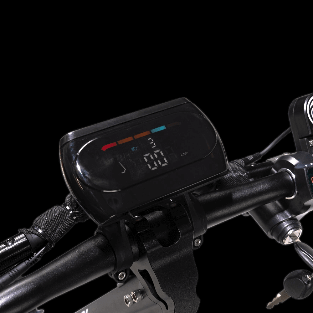 Digital display on the handlebars of the Nanrobot D6+ electric scooter showing speed and battery status.