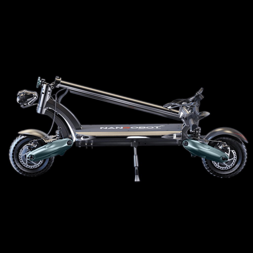 Nanrobot D6+ electric scooter folded for easy storage and transport with dual motor drive.