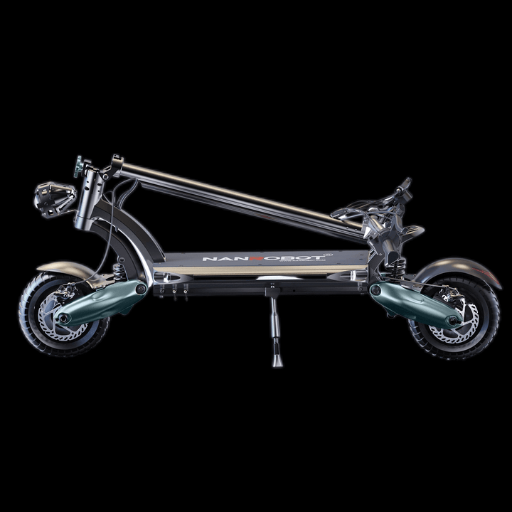 Nanrobot D6+ electric scooter folded for easy storage and transport with dual motor drive.