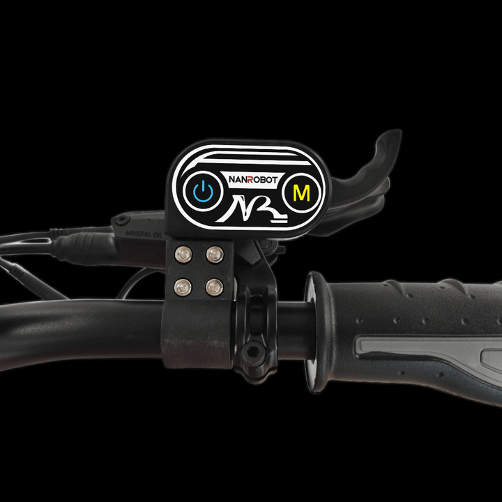 Nanrobot D6+ electric scooter handlebar displaying power and mode controls.