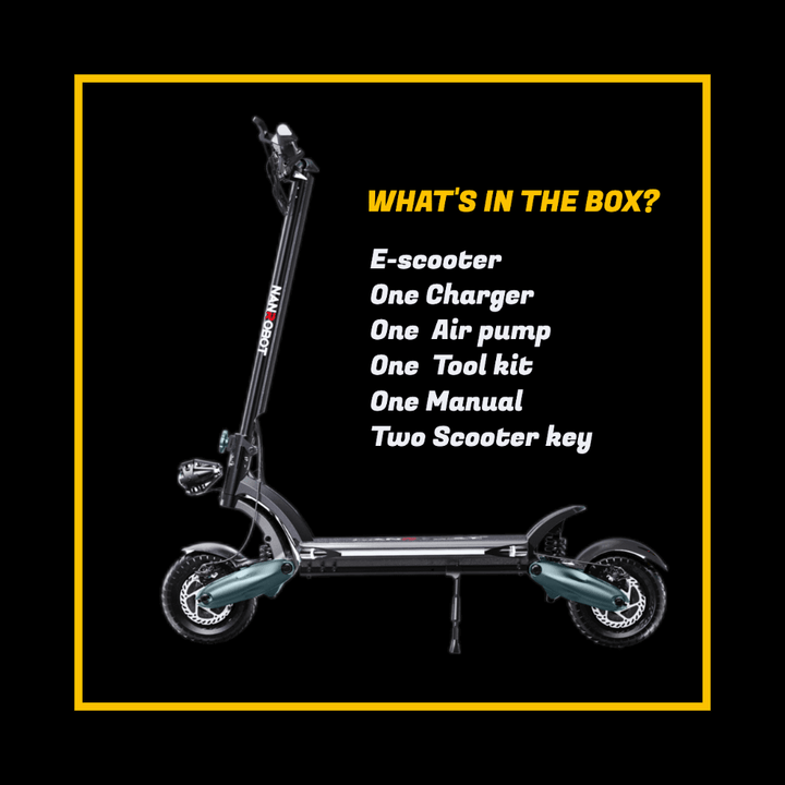 Nanrobot D6+ electric scooter with contents listed: e-scooter, charger, air pump, tool kit, manual, and two scooter keys.